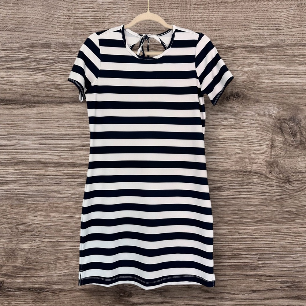 918 Dudley Stephens Bali Short Dress Navy Cabana Stripe Luxe Stretch XS NWT